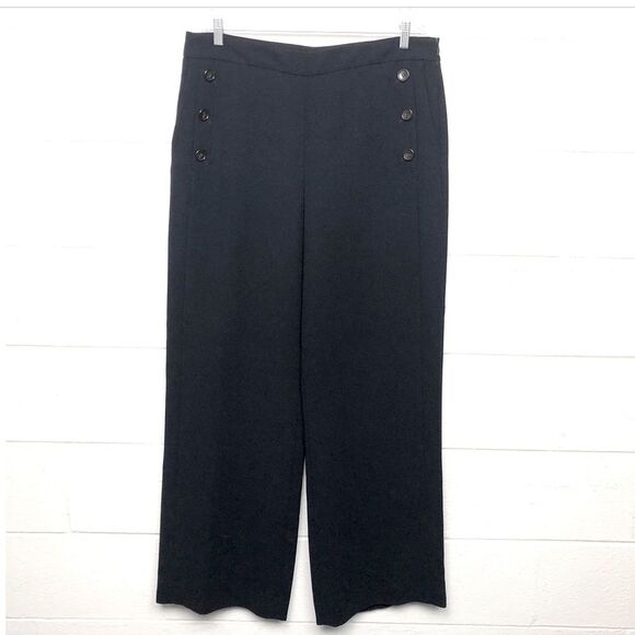 DKNY Navy Sailor nautical Button flat front High Rise Wide Leg Pant Size 10 - Picture 1 of 11